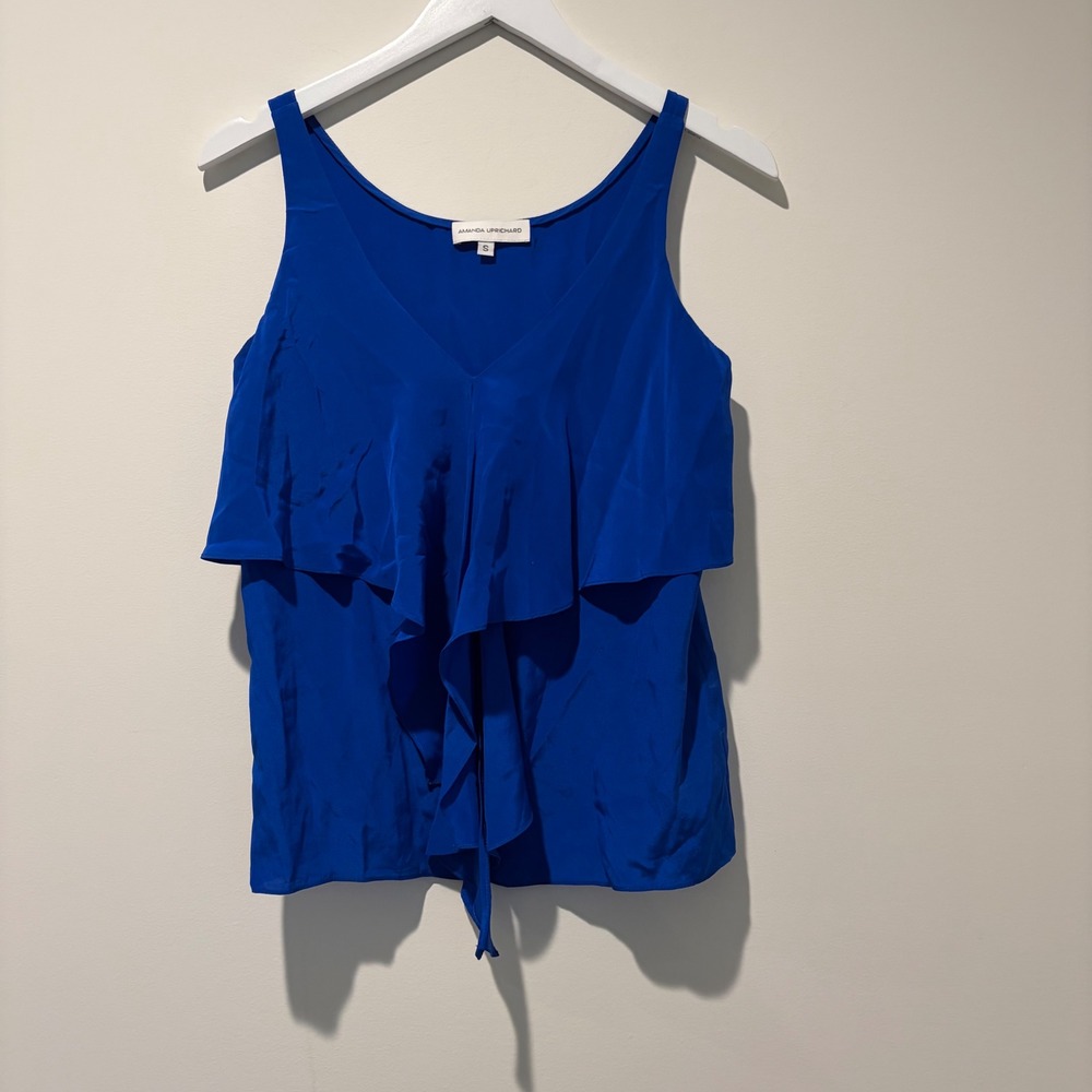 Amanda Uprichard Royal Blue 100% Silk Ruffle Front V-Neck Cami Top Small